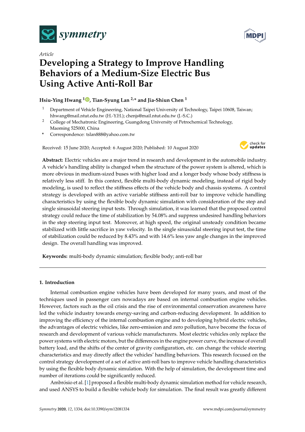 Developing a Strategy to Improve Handling Behaviors of a Medium-Size Electric Bus Using Active Anti-Roll Bar