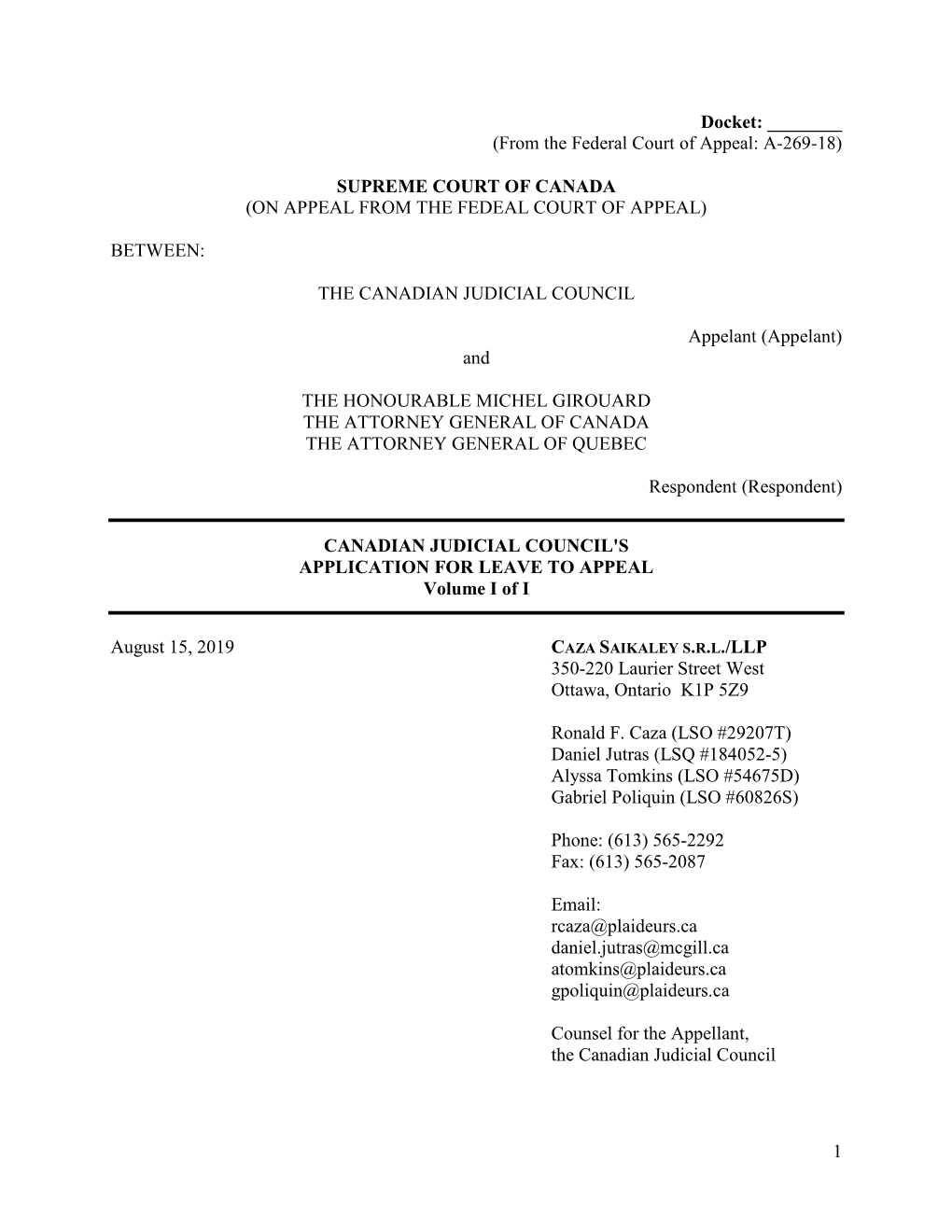 Application for Leave to Appeal to the Supreme Court of Canada