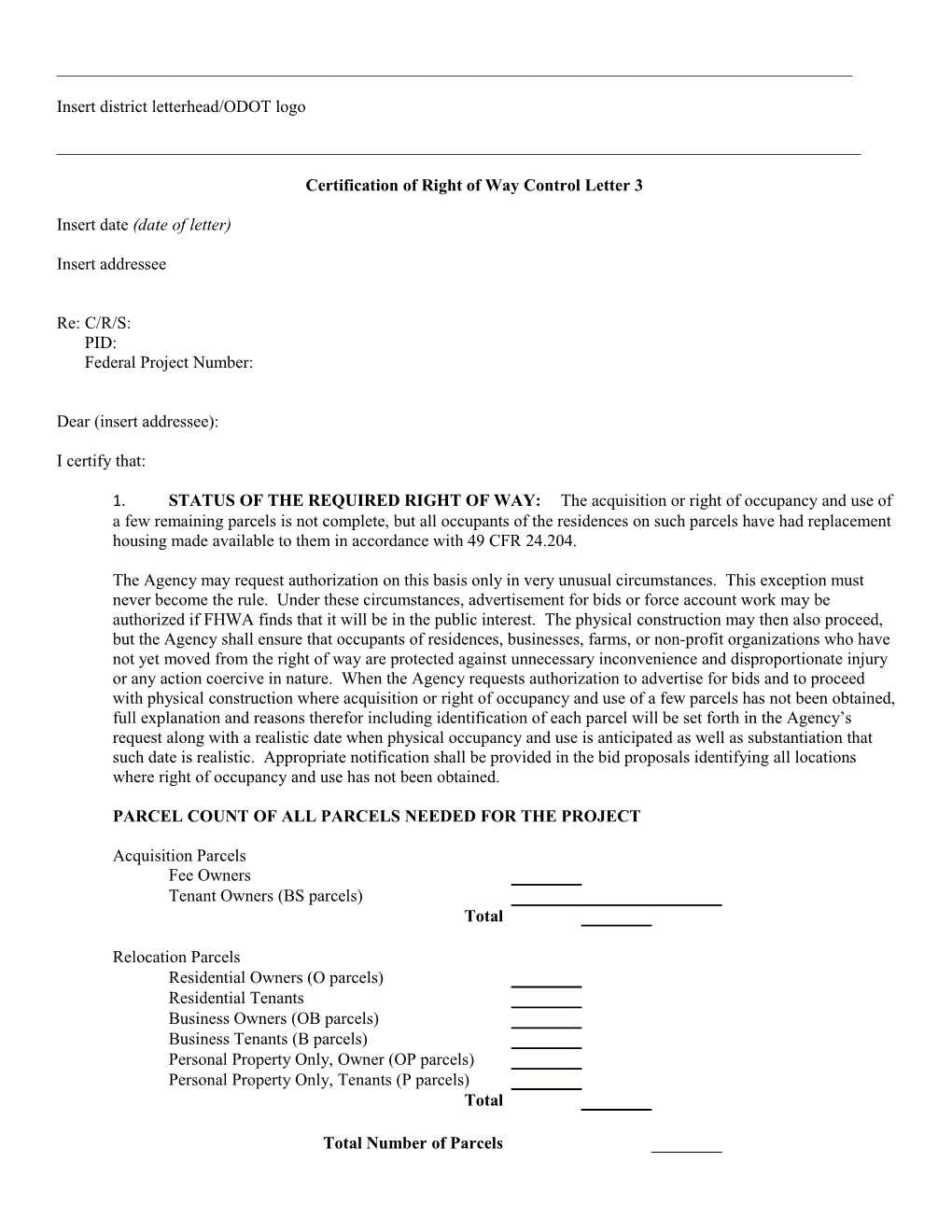 ODOT Certification of Right of Way Control Letter 3