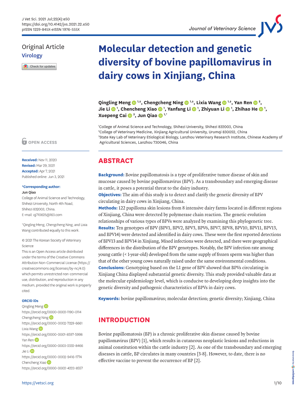 Molecular Detection and Genetic Diversity of Bovine Papillomavirus In