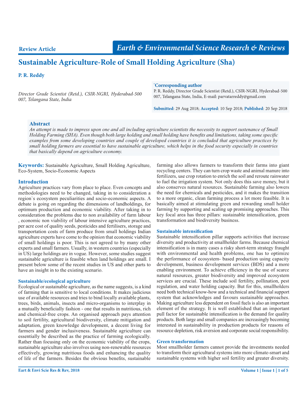 Sustainable Agriculture-Role of Small Holding Agriculture (Sha)
