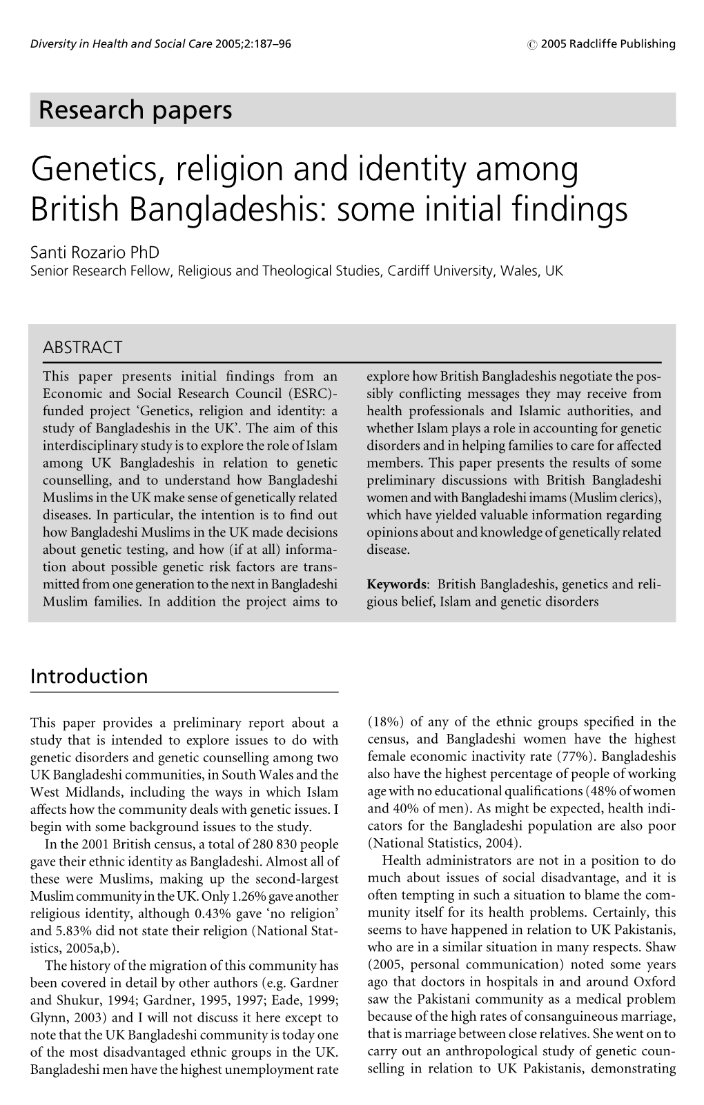 Genetics, Religion and Identity Among British Bangladeshis: Some Initial