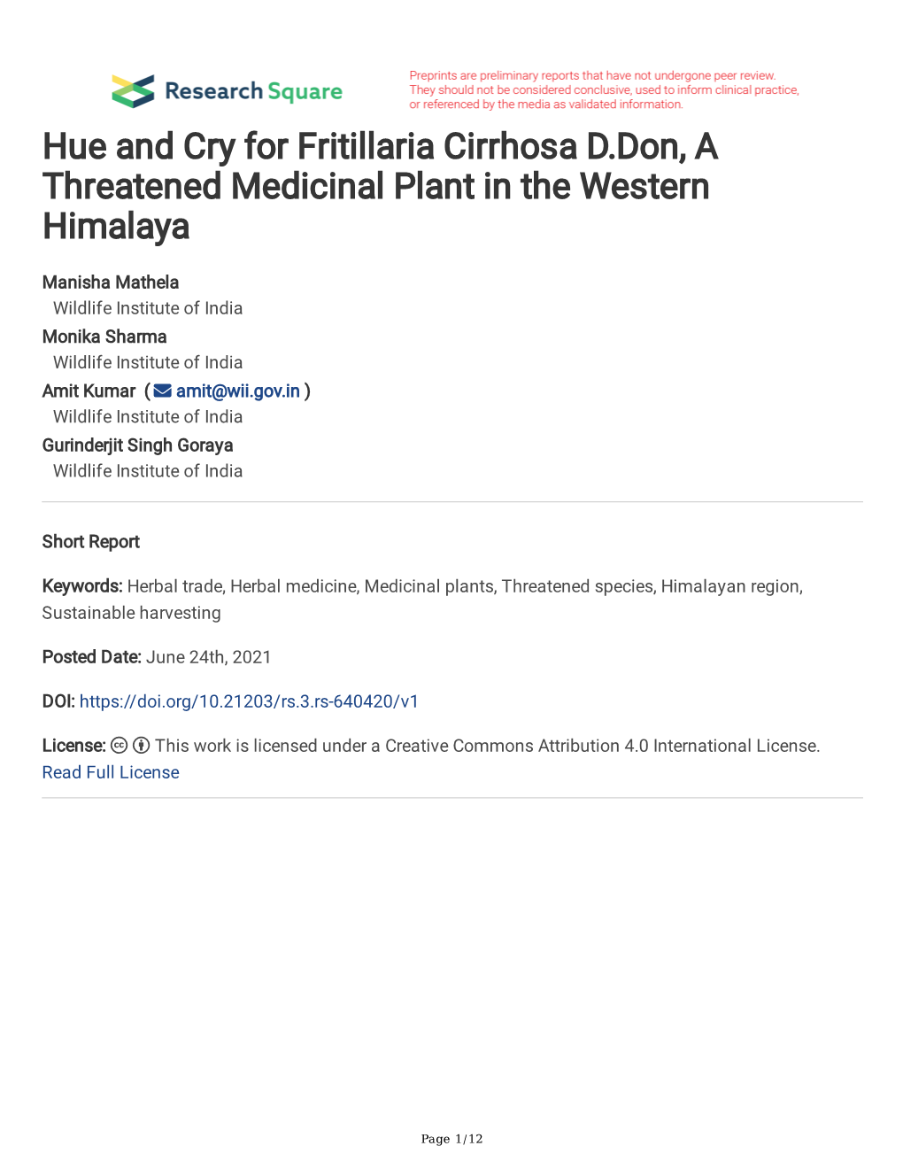 Hue and Cry for Fritillaria Cirrhosa D.Don, a Threatened Medicinal Plant in the Western Himalaya