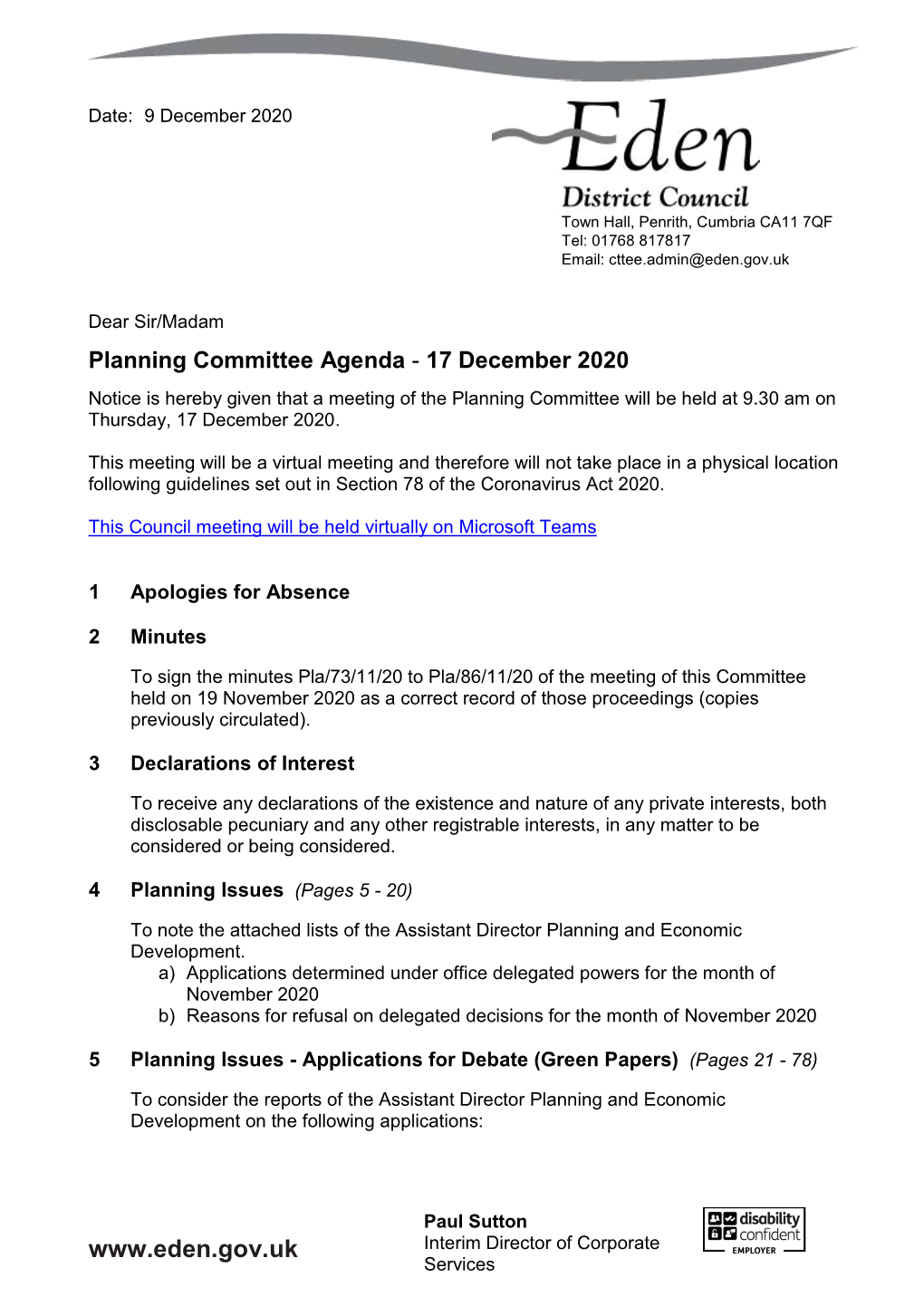 Planning Committee Agenda - 17 December 2020