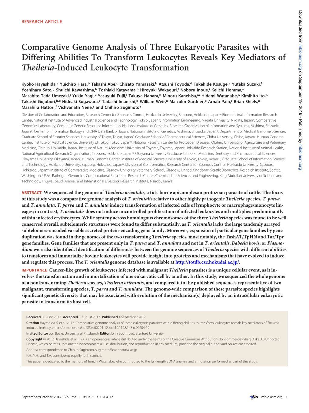 Comparative Genome Analysis of Three Eukaryotic Parasites with Mbio.Asm.Org Differing Abilities to Transform Leukocytes Reveals Key Mediators Of