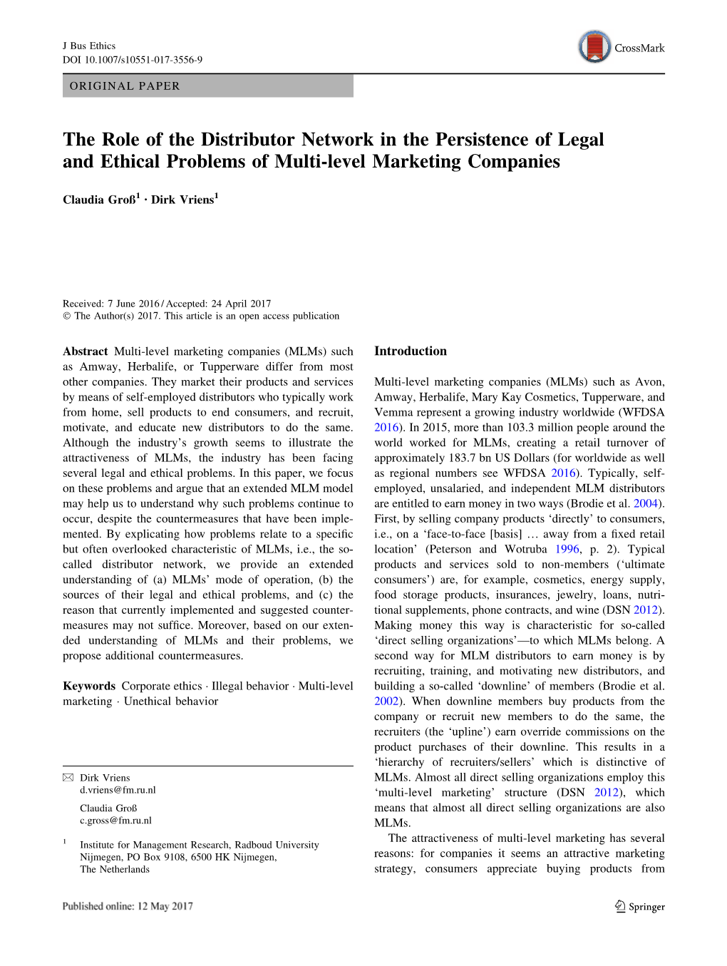 The Role of the Distributor Network in the Persistence of Legal and Ethical Problems of Multi-Level Marketing Companies