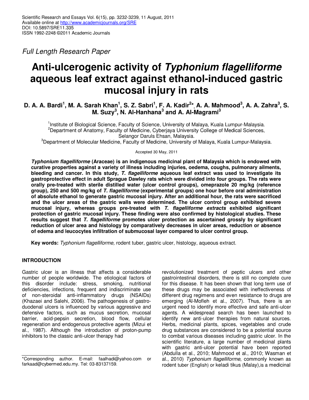 Anti-Ulcerogenic Activity of Typhonium Flagelliforme Aqueous Leaf Extract Against Ethanol-Induced Gastric Mucosal Injury in Rats