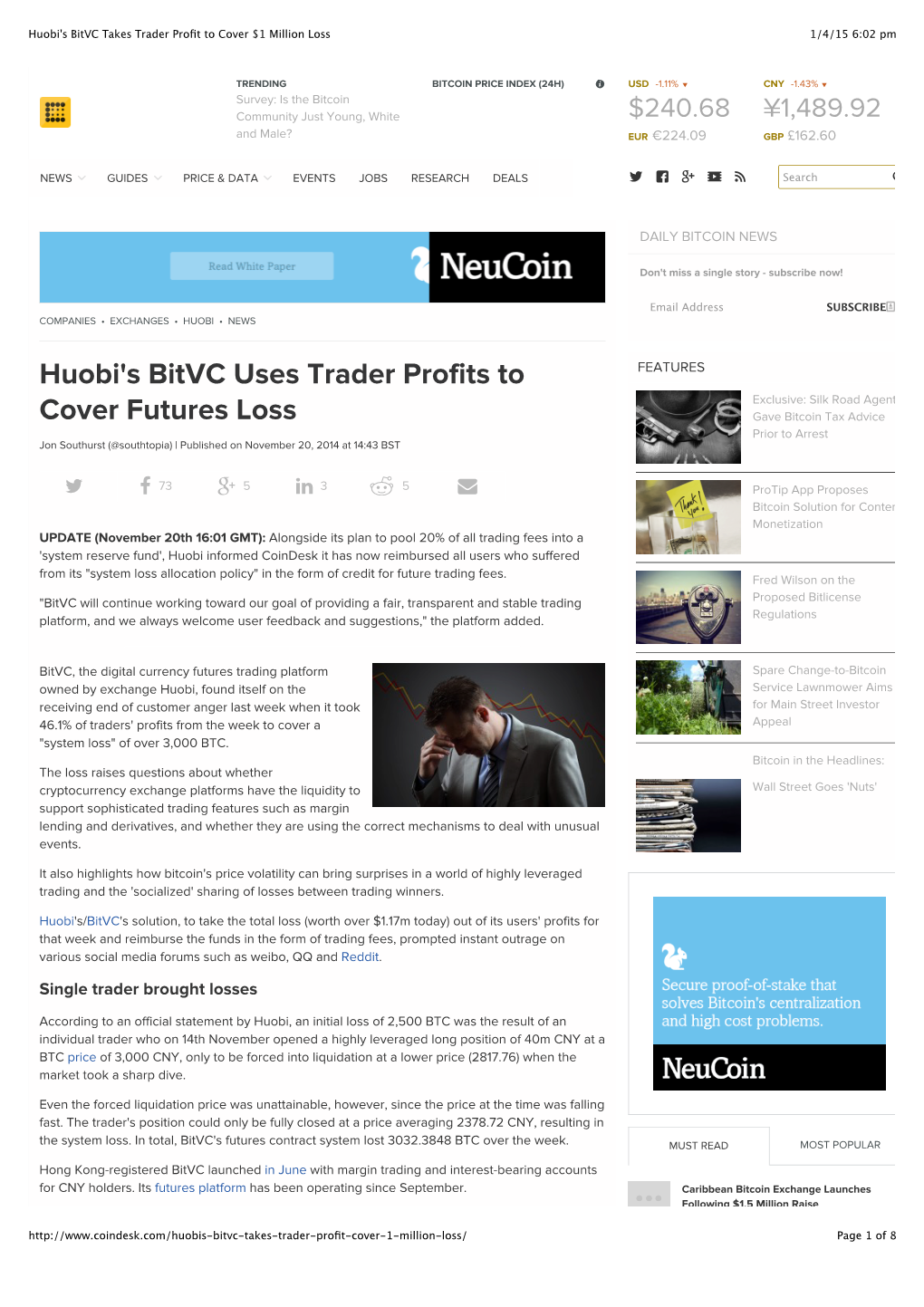 Huobi's Bitvc Takes Trader Profit to Cover $1 Million Loss