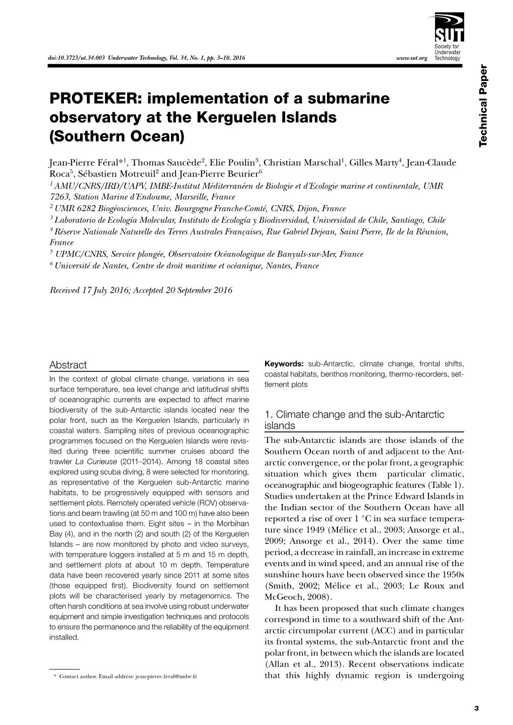 Implementation of a Submarine Observatory at the Kerguelen Islands (Southern Ocean) Technical Paper Technical