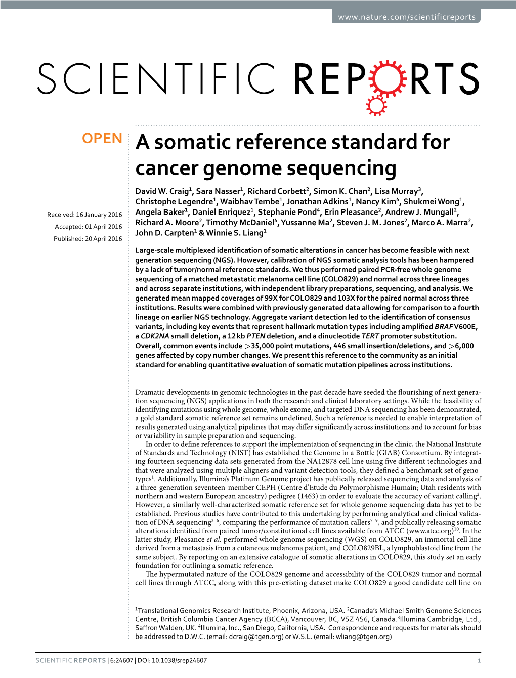 A Somatic Reference Standard for Cancer Genome Sequencing David W
