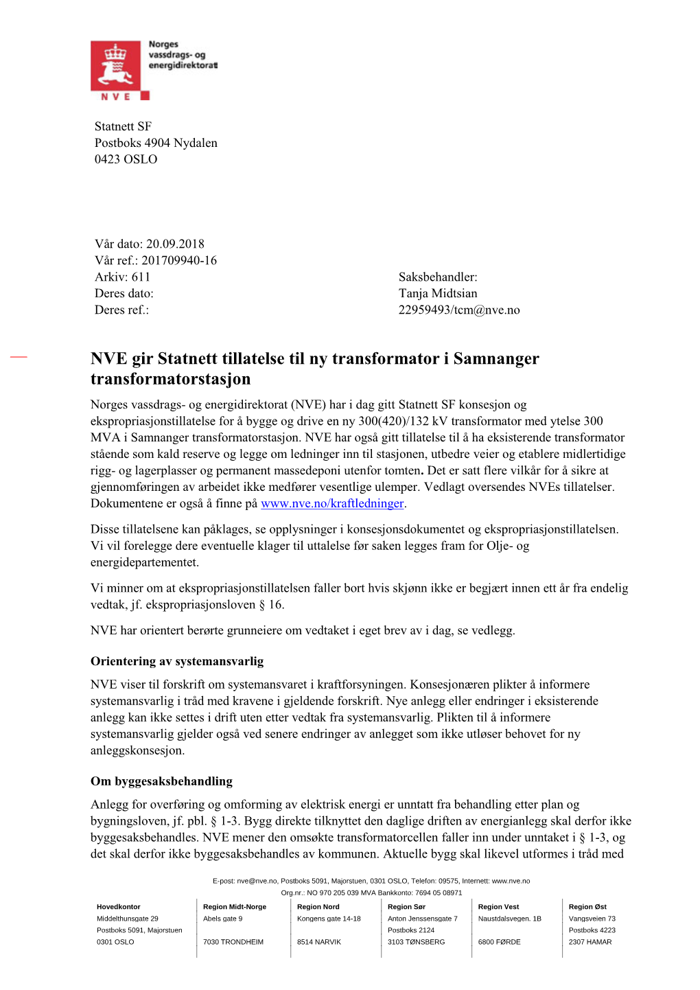 Anleggskonsesjon Til Samnanger Transformatorstasjon Med