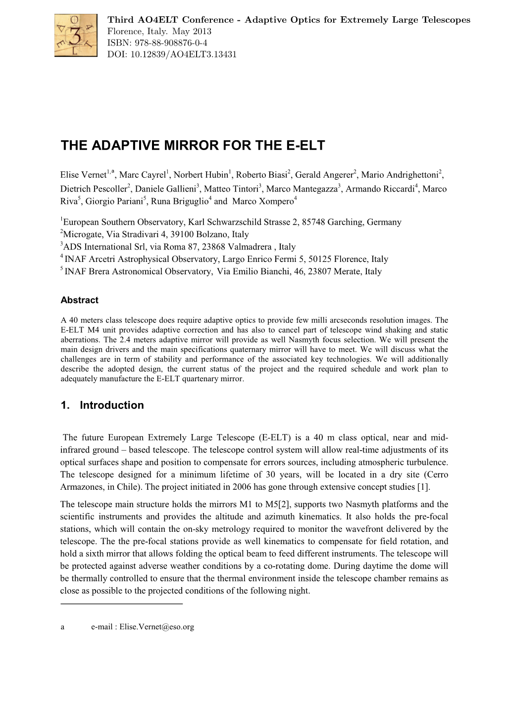 The Adaptive Mirror for the E-Elt