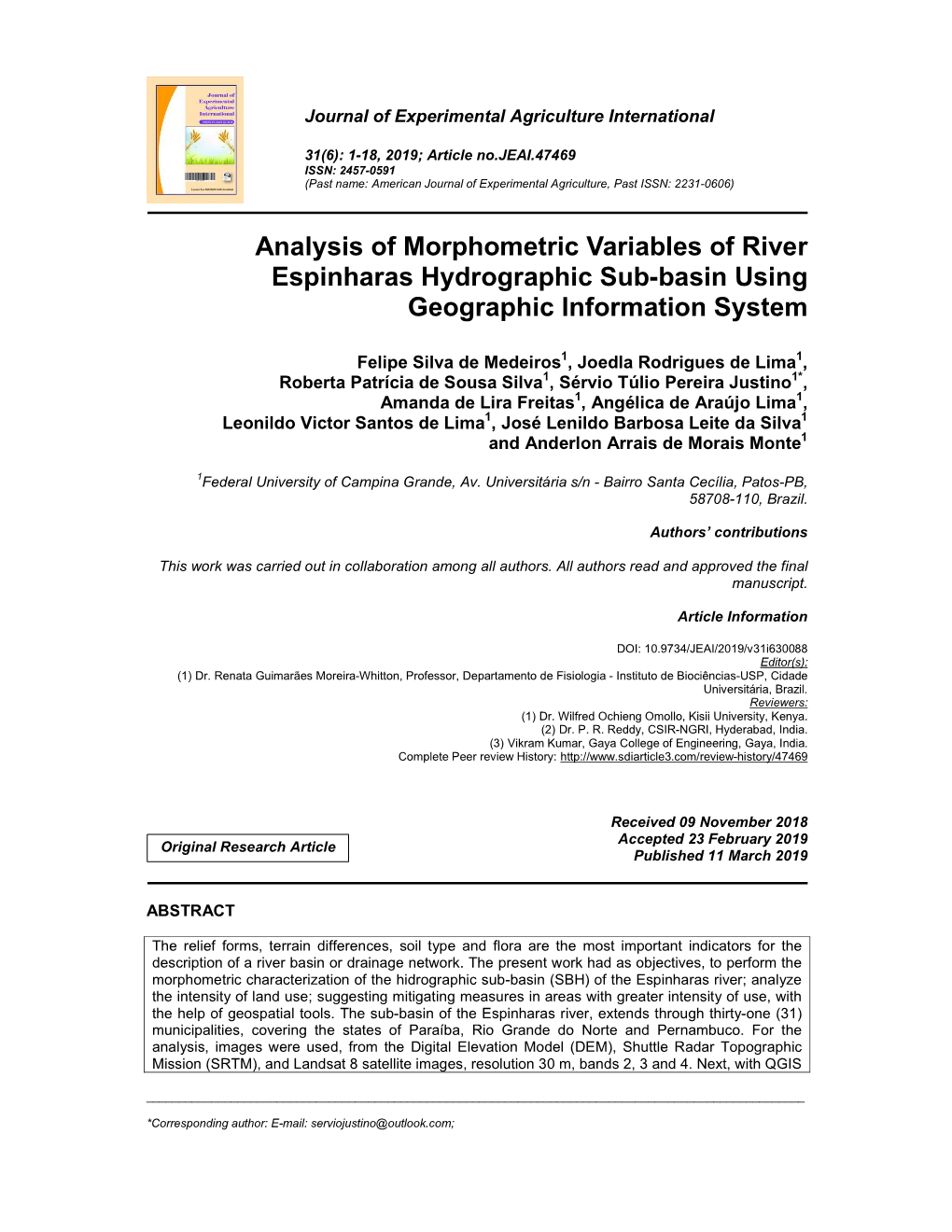 Analysis of Morphometric Variables of River Espinharas Hydrographic Sub-Basin Using Geographic Information System