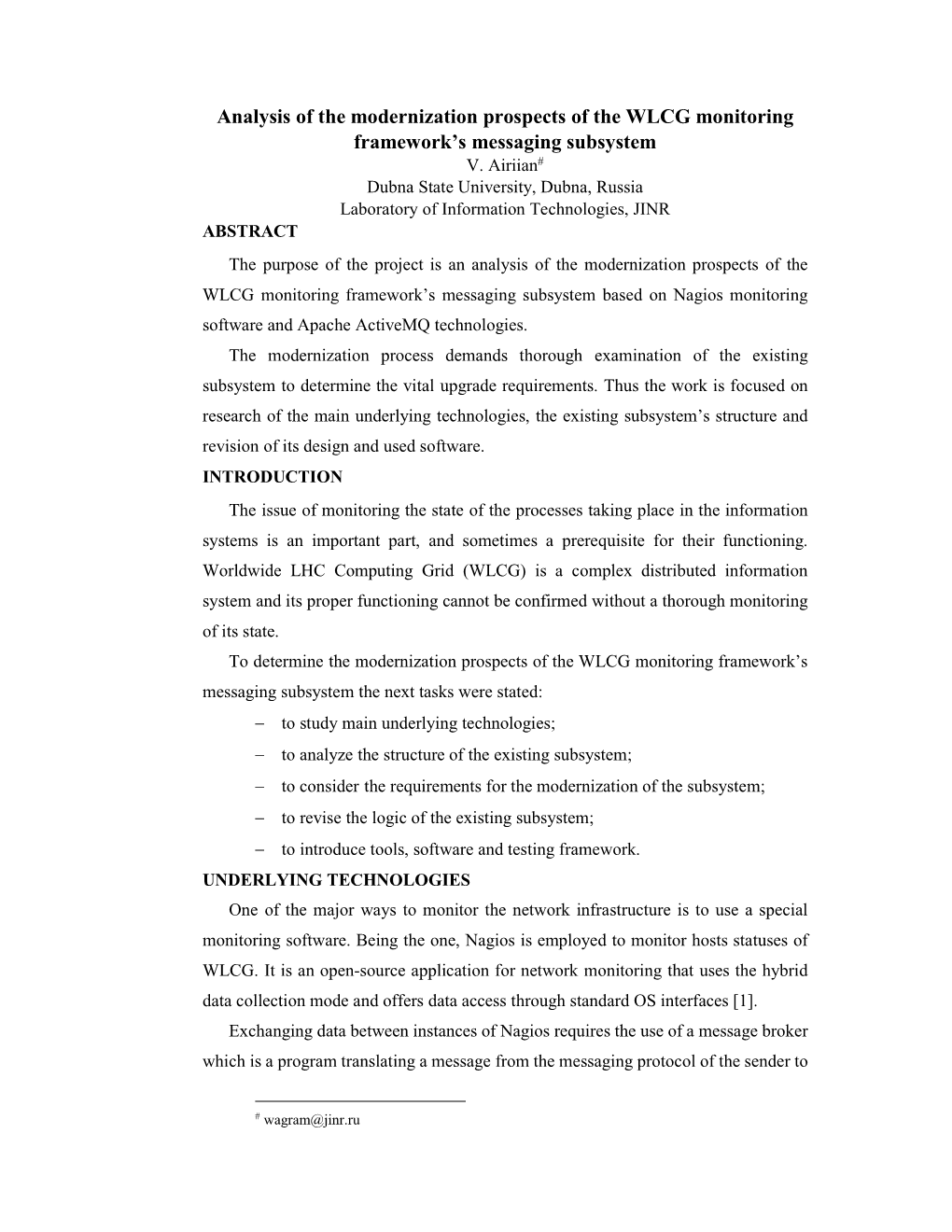 Analysis of the Modernization Prospects of the WLCG Monitoring Framework’S Messaging Subsystem V