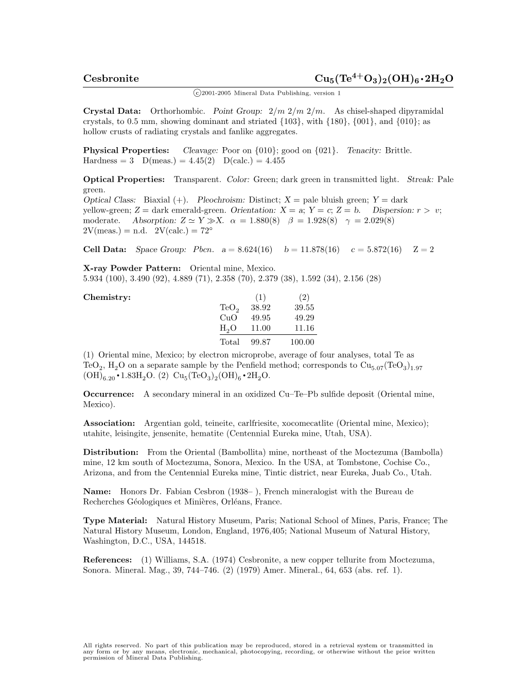 Cesbronite Cu5(Te4+O3)