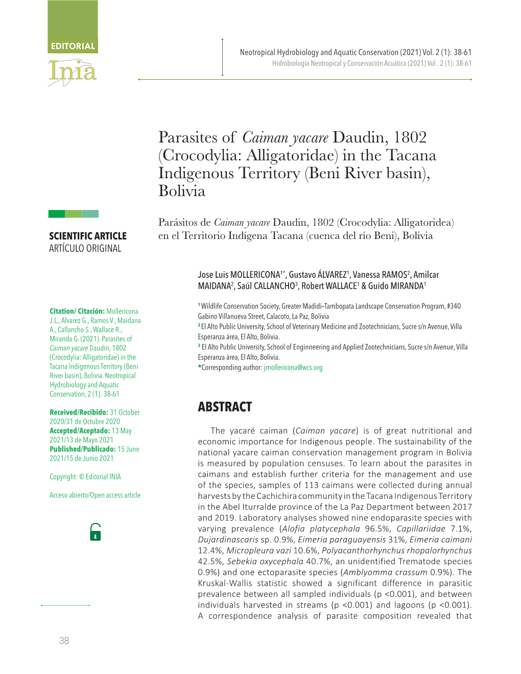 Parasites of Caiman Yacare Daudin, 1802 (Crocodylia: Alligatoridae) in the Tacana Indigenous Territory (Beni River Basin), Bolivia