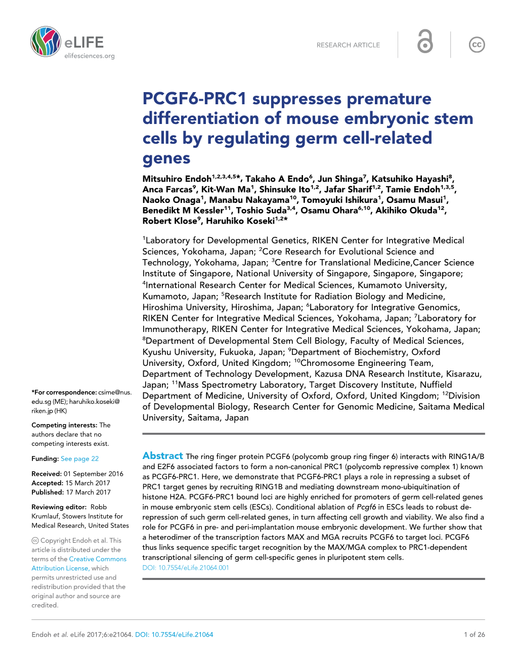 PCGF6-PRC1 Suppresses Premature Differentiation of Mouse Embryonic