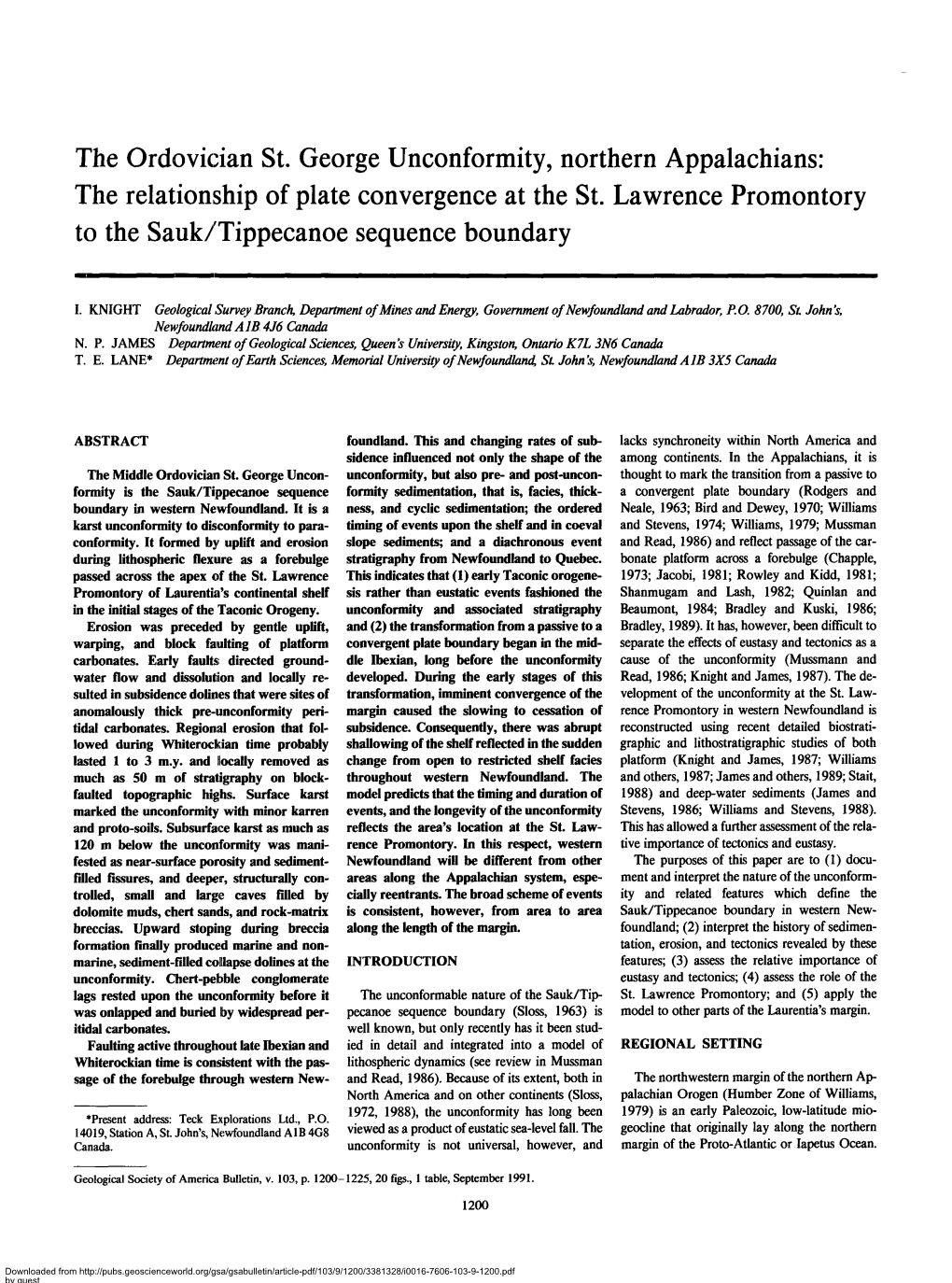 The Ordovician St. George Unconformity, Northern Appalachians: the Relationship of Plate Convergence at the St