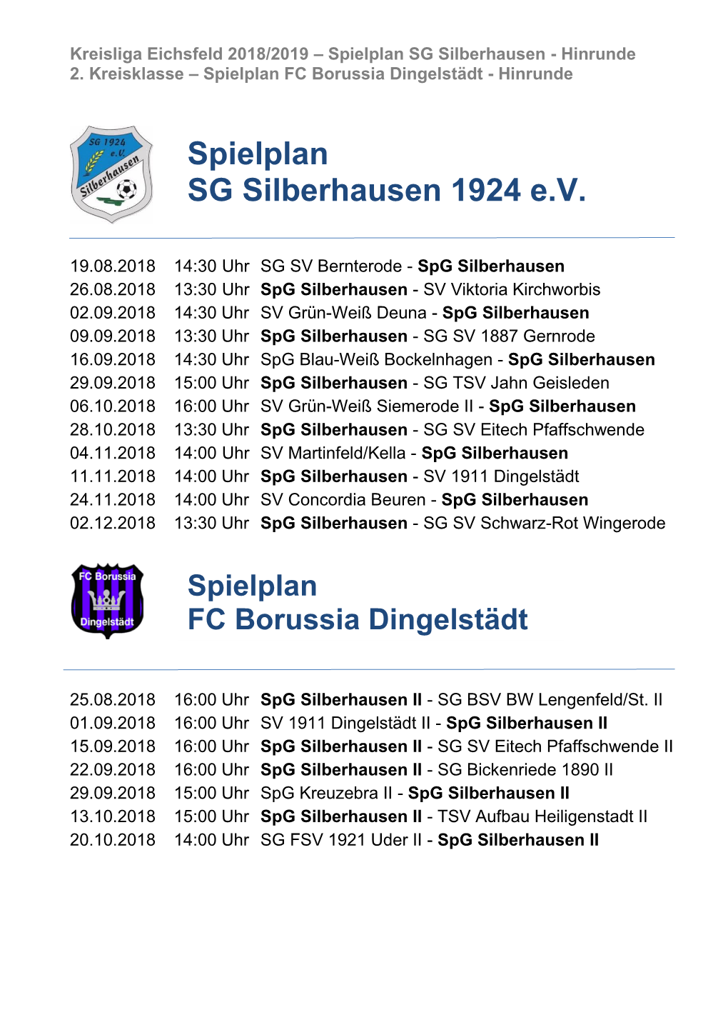 Spielplan SG Silberhausen 1924 Ev