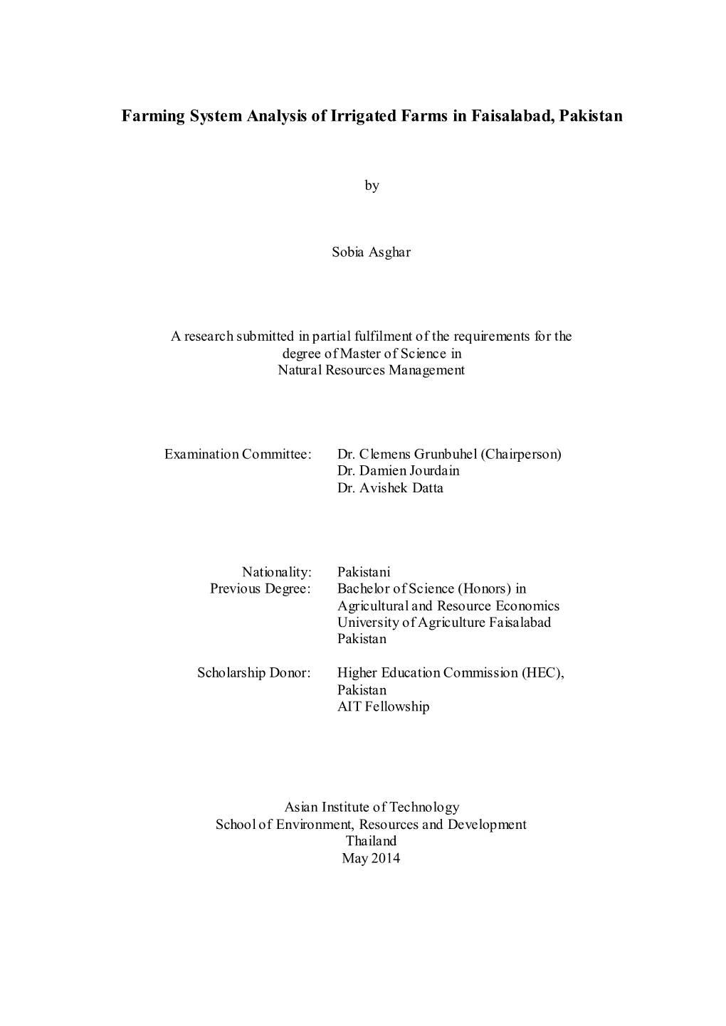 Farming System Analysis of Irrigated Farms in Faisalabad, Pakistan