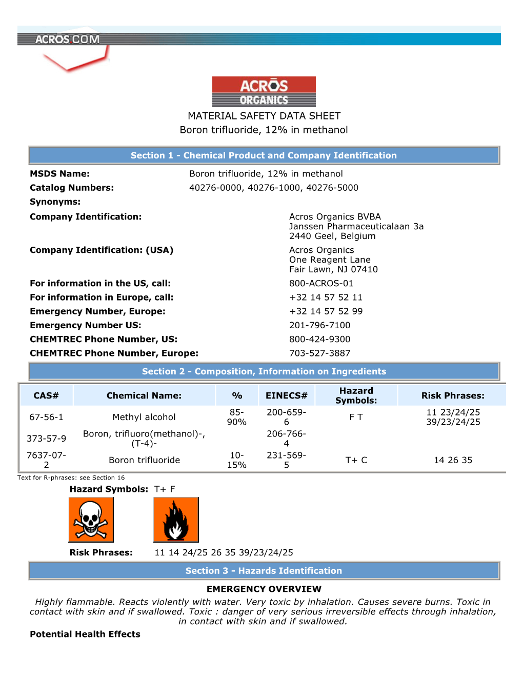 MATERIAL SAFETY DATA SHEET Boron Trifluoride, 12% in Methanol