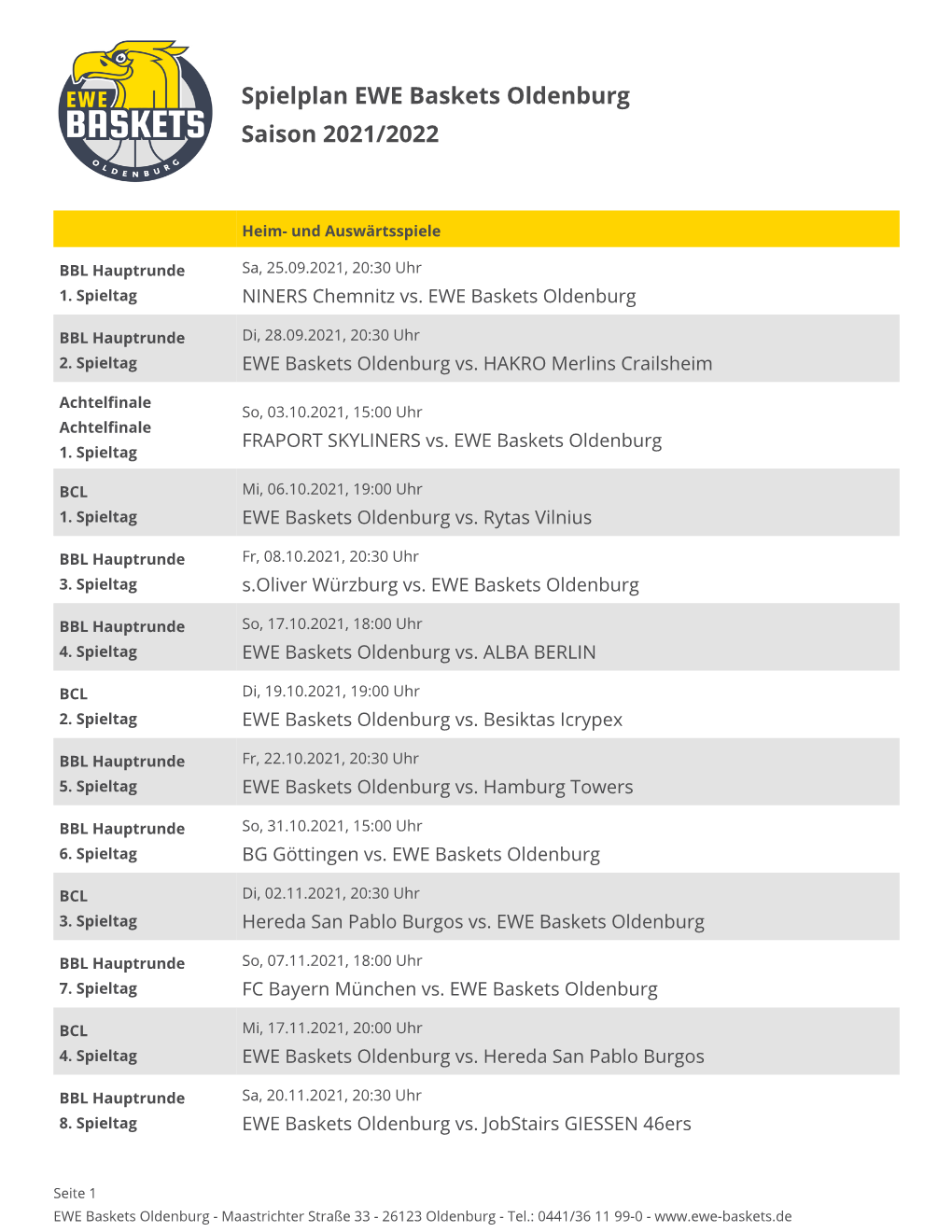 Spielplan EWE Baskets Oldenburg Saison 2021/2022