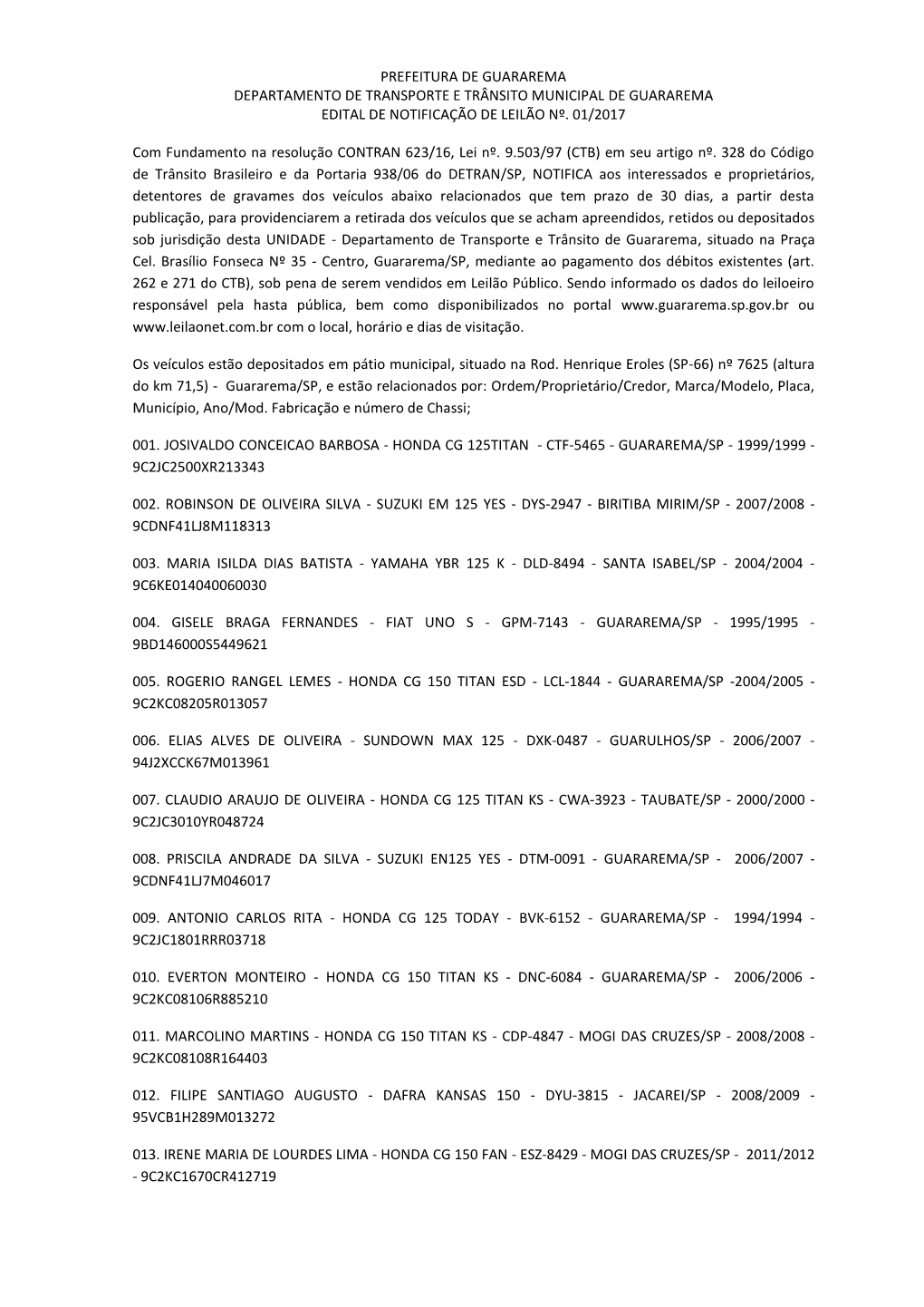 Prefeitura De Guararema Departamento De Transporte E Trânsito Municipal De Guararema Edital De Notificação De Leilão Nº