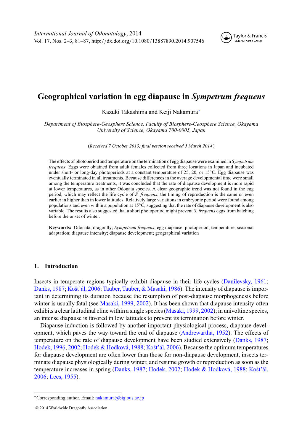 Geographical Variation in Egg Diapause in Sympetrum Frequens