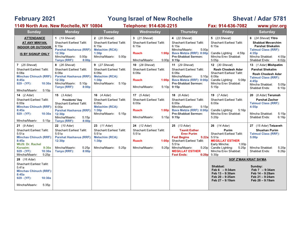 February 2021 Young Israel of New Rochelle Shevat / Adar 5781