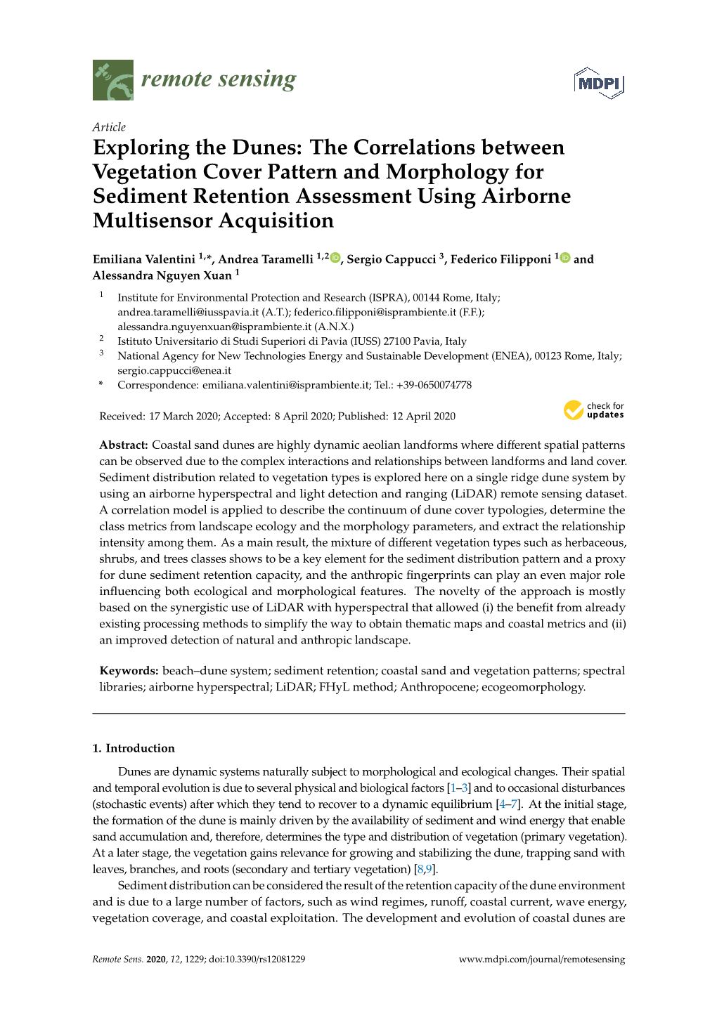 Exploring the Dunes: the Correlations Between Vegetation Cover Pattern and Morphology for Sediment Retention Assessment Using Airborne Multisensor Acquisition