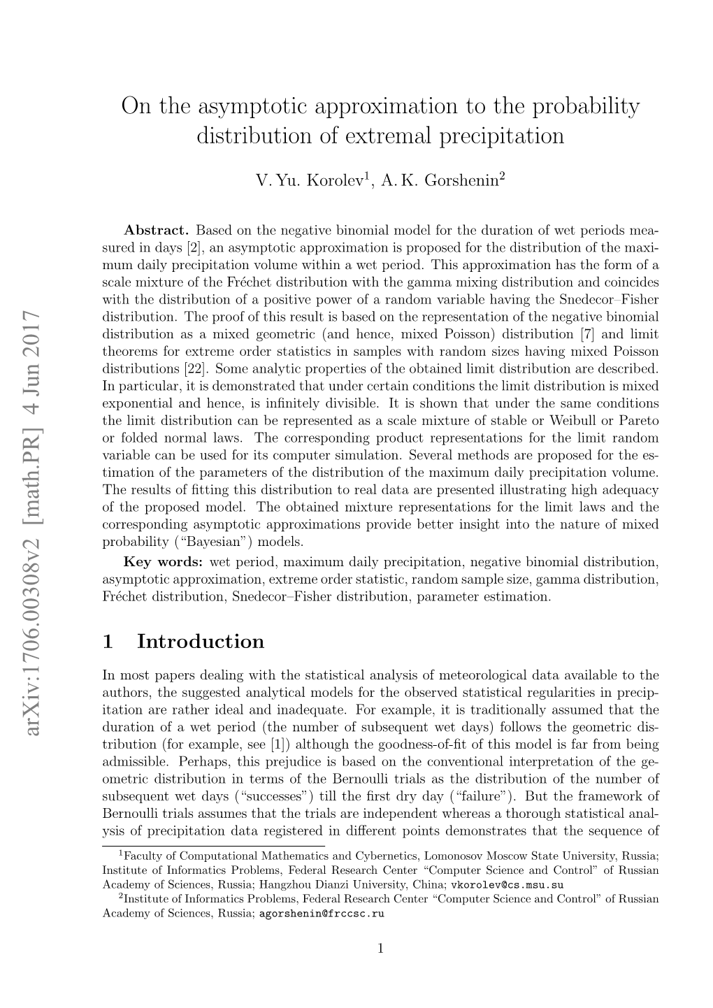 On the Asymptotic Approximation to the Probability Distribution of Extremal Precipitation