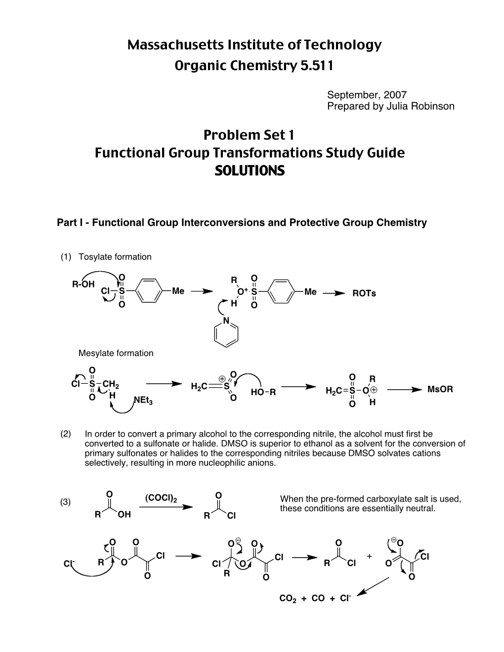 Massachusetts Institute of Technology Organic Chemistry 5.511 Problem