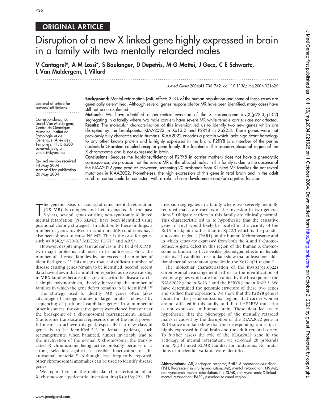 Disruption of a New X Linked Gene Highly Expressed in Brain in a Family with Two Mentally Retarded Males