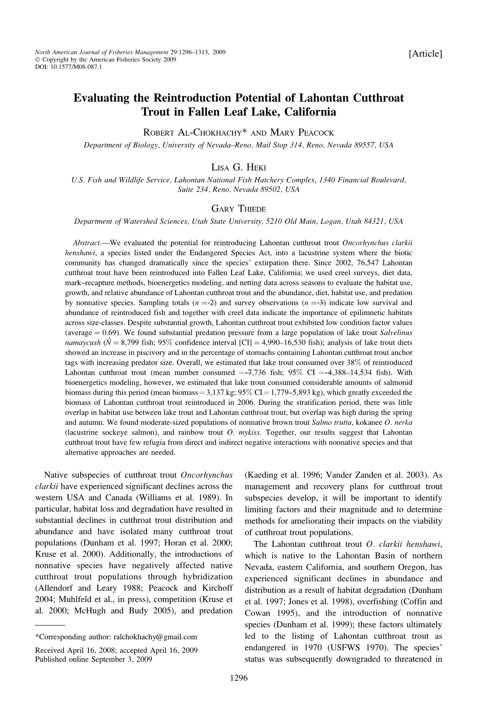 Evaluating the Reintroduction Potential of Lahontan Cutthroat Trout in Fallen Leaf Lake, California