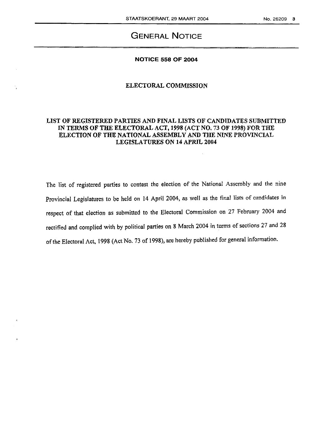 Electoral Act: List of Registered Parties and Final Lists of Candidates
