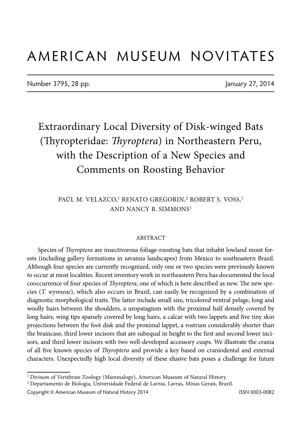 Thyroptera) in Northeastern Peru, with the Description of a New Species and Comments on Roosting Behavior