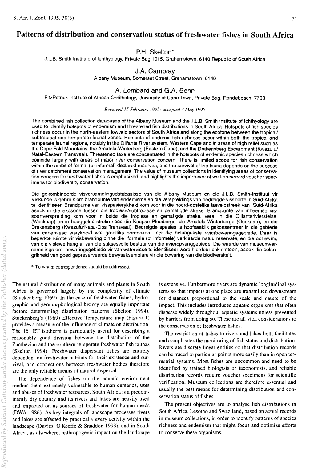 Patterns of Distribution and Conservation Status of Freshwater Fishes in South Africa