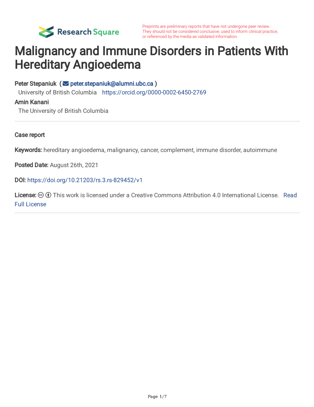 Malignancy and Immune Disorders in Patients with Hereditary Angioedema
