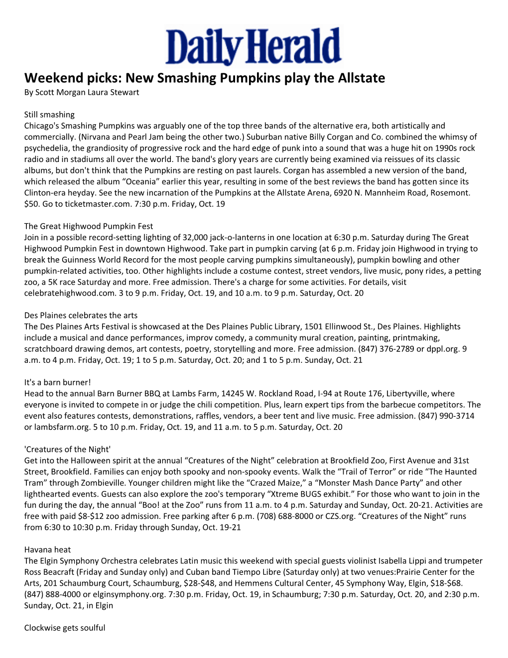 Weekend Picks: New Smashing Pumpkins Play the Allstate by Scott Morgan Laura Stewart