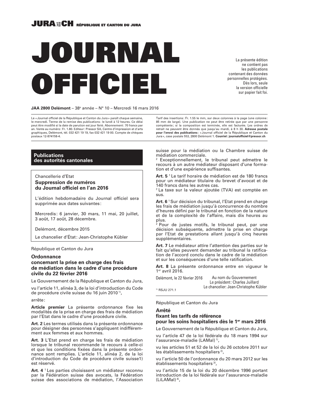 Journal Officiel De La République Et Canton Du Jura » Paraît Chaque Semaine, Tarif Des Insertions : Fr