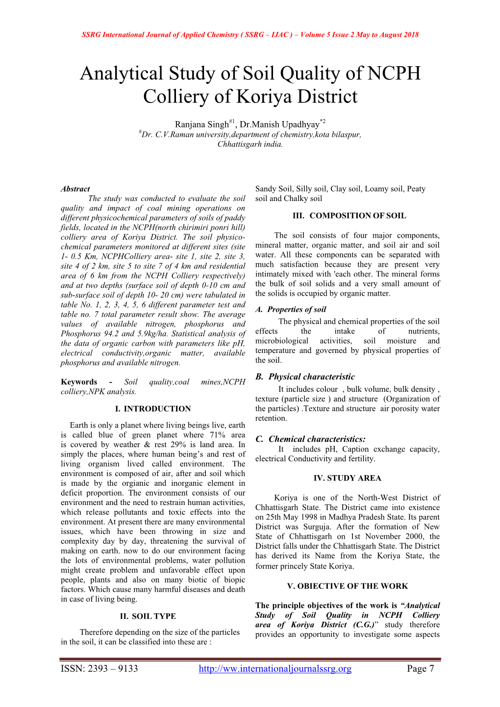 Analytical Study of Soil Quality of NCPH Colliery of Koriya District