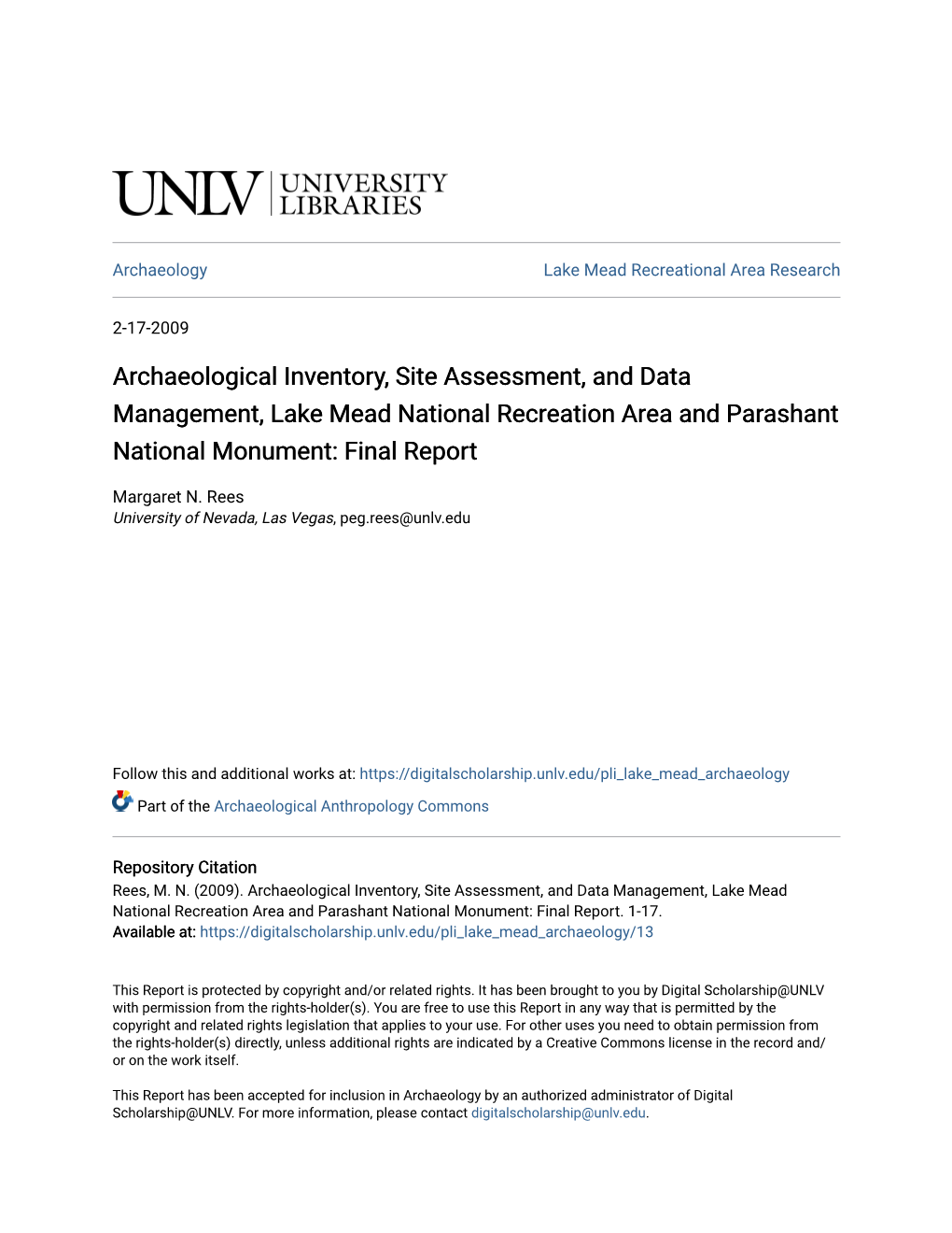 Archaeological Inventory, Site Assessment, and Data Management, Lake Mead National Recreation Area and Parashant National Monument: Final Report