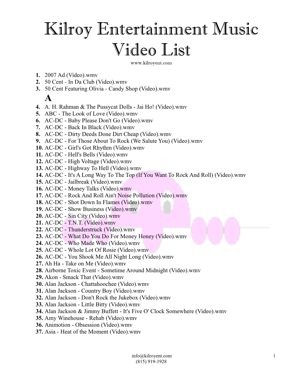 Kilroy Entertainment Music Video List