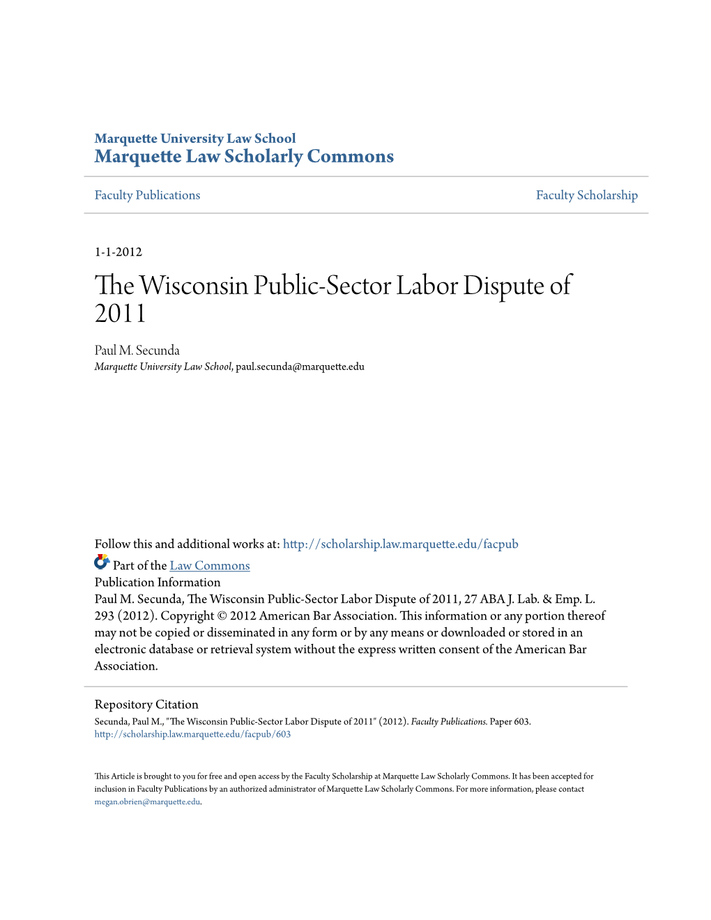 The Wisconsin Public-Sector Labor Dispute of 2011