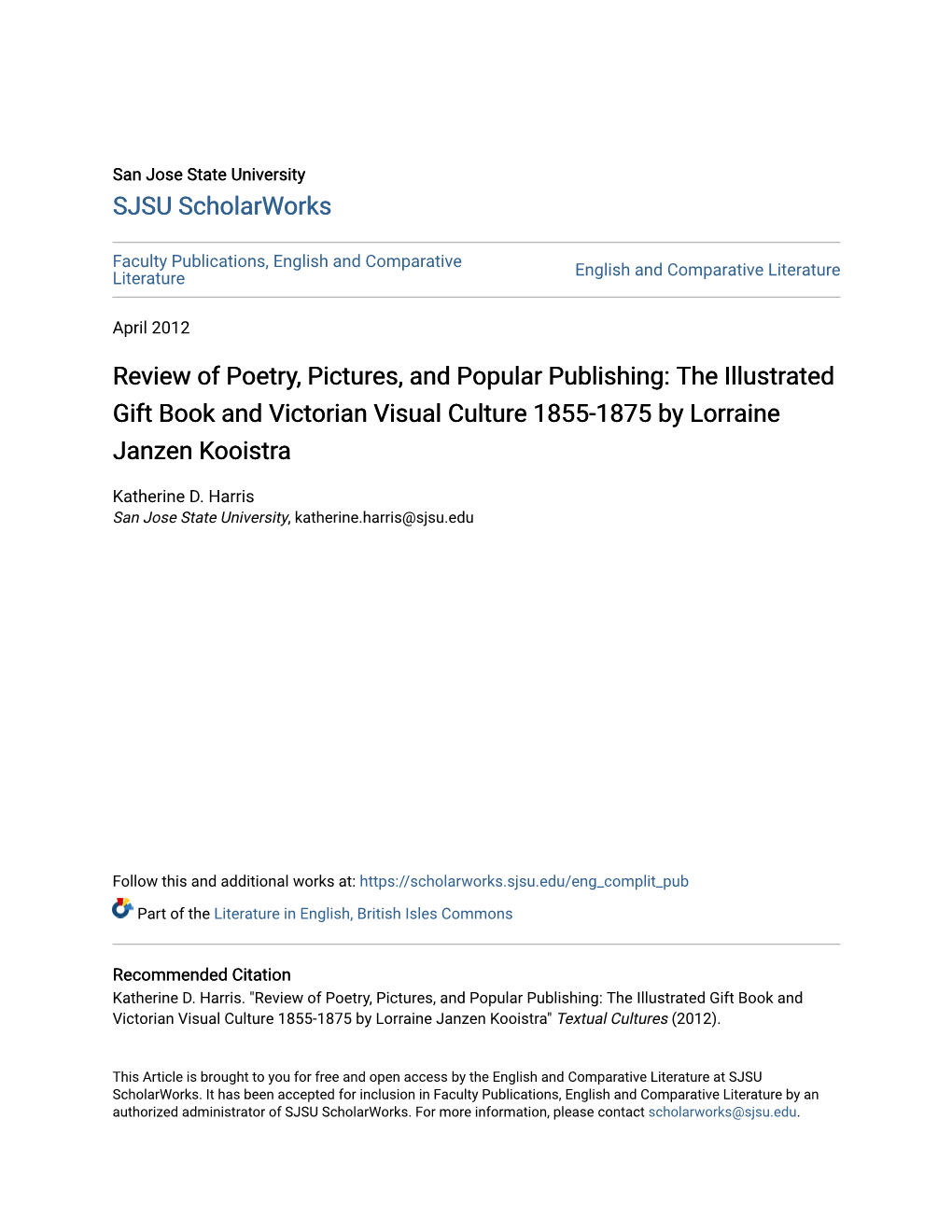 Review of Poetry, Pictures, and Popular Publishing: the Illustrated Gift Book and Victorian Visual Culture 1855-1875 by Lorraine Janzen Kooistra