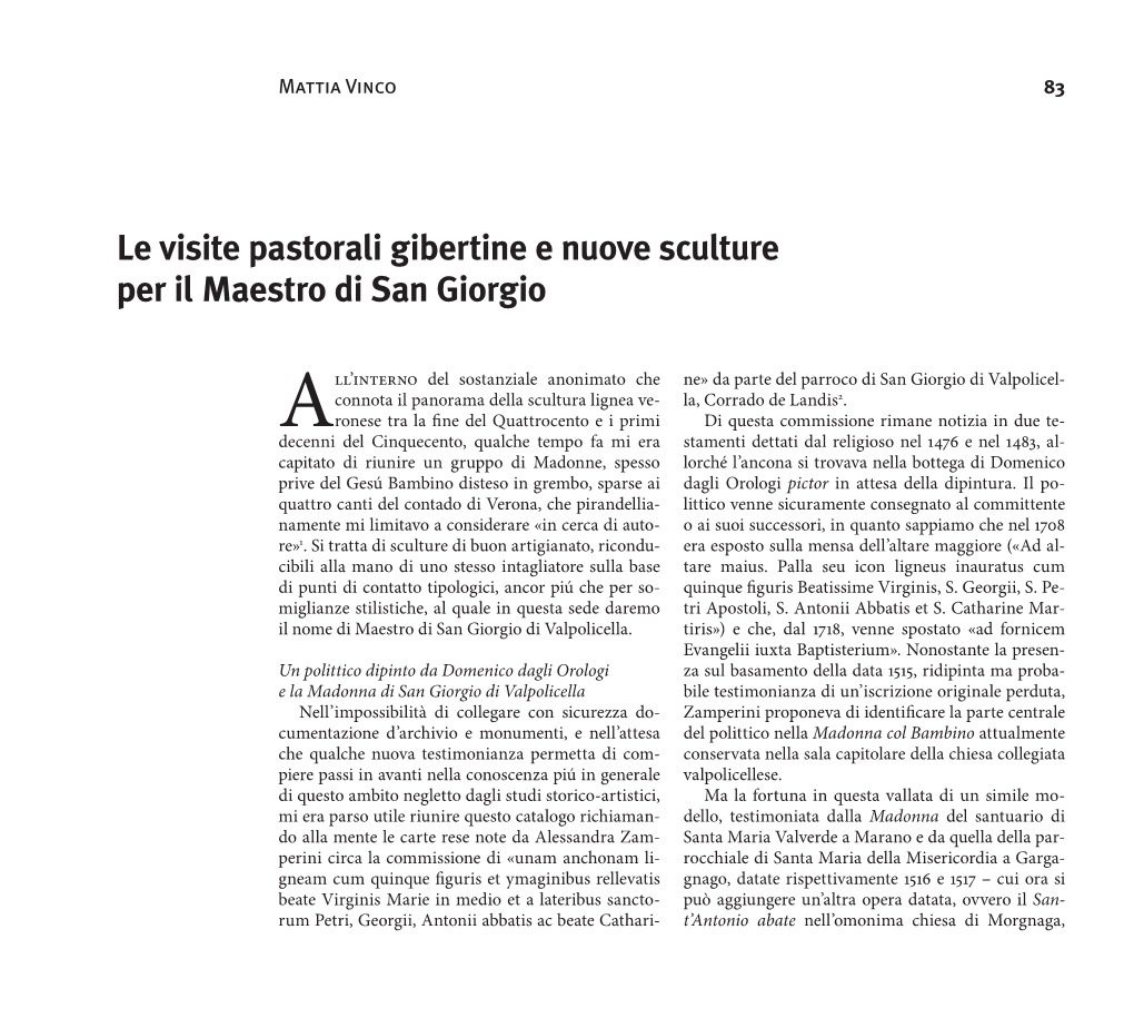 Le Visite Pastorali Gibertine E Nuove Sculture Per Il Maestro Di San Giorgio