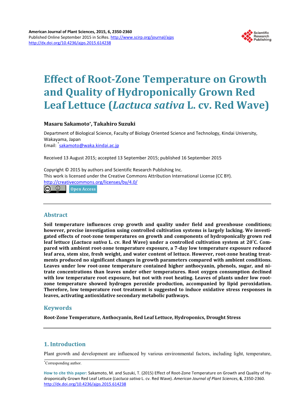 Effect of Root-Zone Temperature on Growth and Quality of Hydroponically Grown Red Leaf Lettuce (Lactuca Sativa L