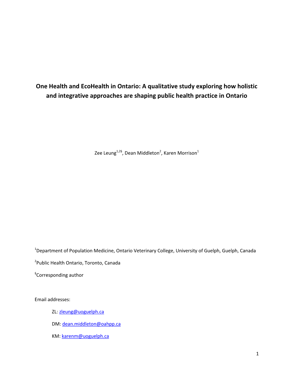 One Health and Ecohealth in Ontario: a Qualitative Study Exploring How Holistic and Integrative Approaches Are Shaping Public Health Practice in Ontario