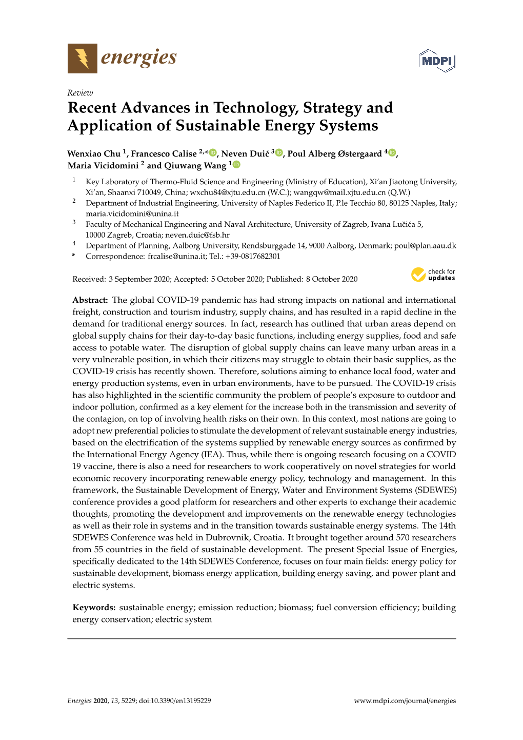 Recent Advances in Technology, Strategy and Application of Sustainable Energy Systems