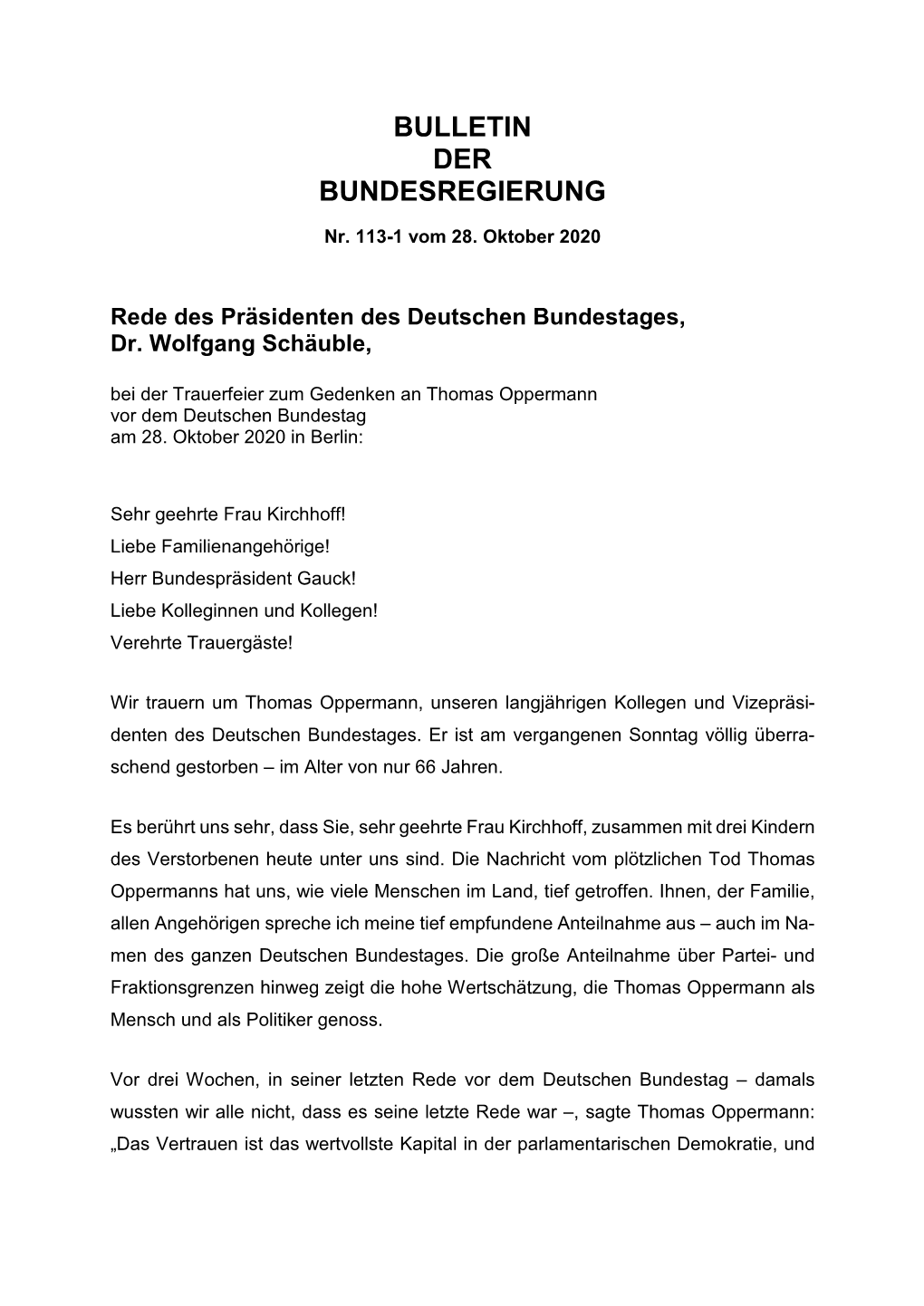 Nr. 113-1 Vom 28.10.2020 Bundestagspräsident Gedenken An